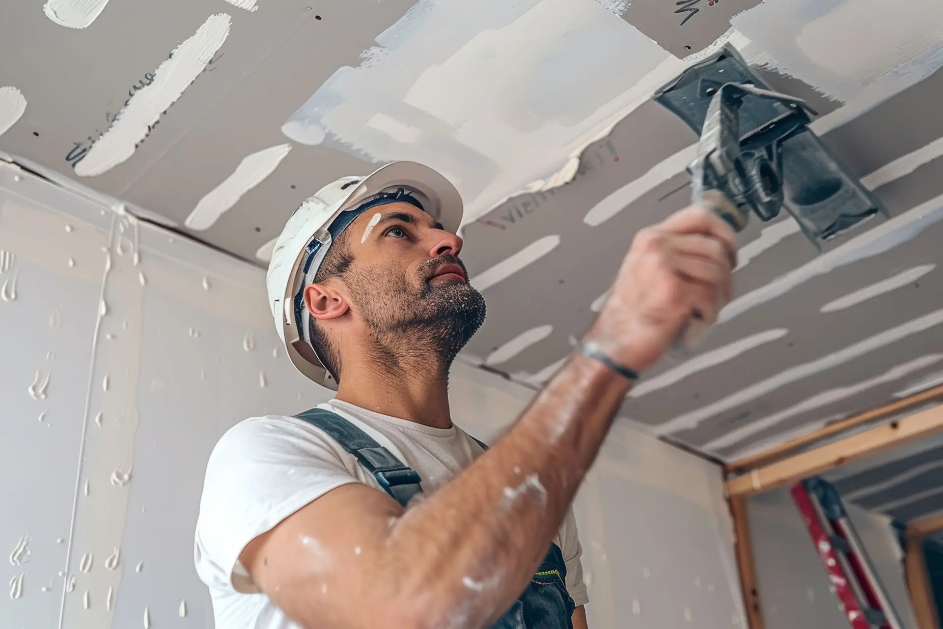 A man using a paint roller to apply paint to a ceiling in a well-lit room.